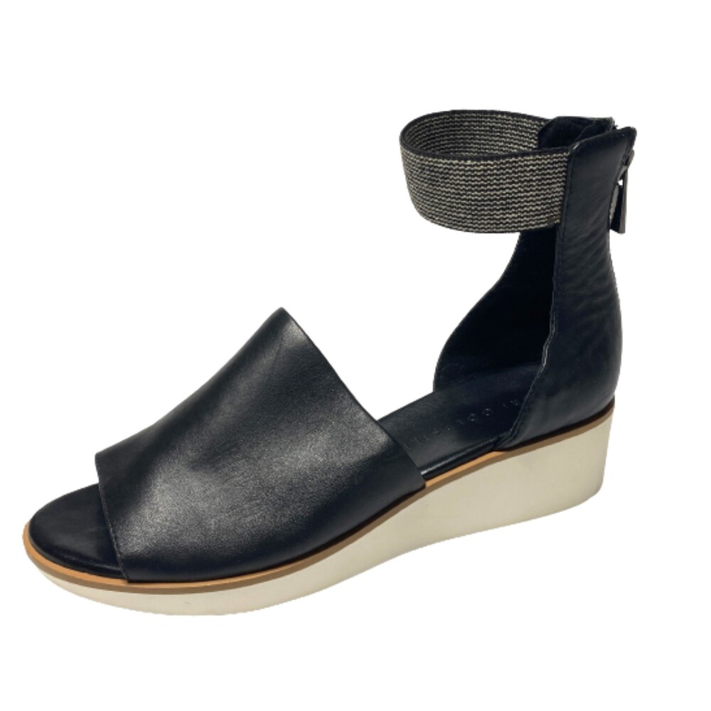 Logo Lori Goldstein Saffy Black Leather Ankle Strap Wedge Sandals Sz 7.5 (37.5)